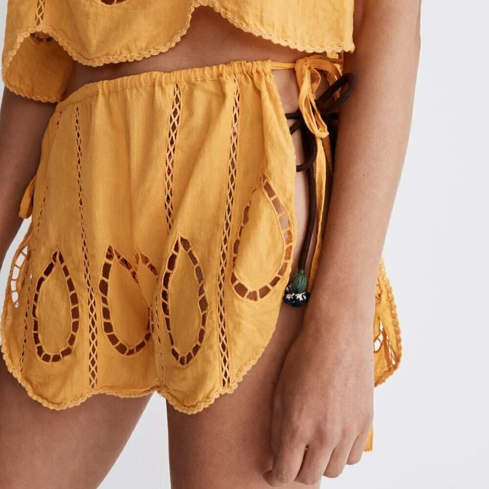 New Agua Bendita Bree Eames Embroidery Yellow Cover-Up Cut Shorts NWT